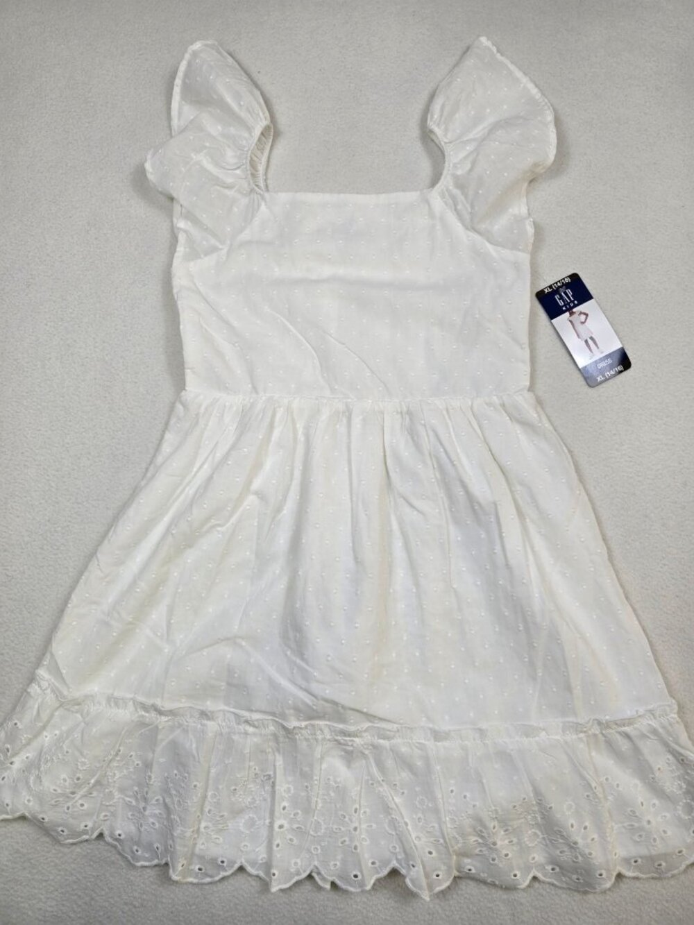Gap Kids White Cotton Eyelet Dress XL 14/16 Ruffled Sleeves 100% Cotton NEW